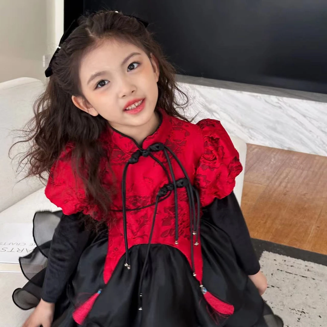 【叮当年服】长袖短款国风黑红拼色秋冬过年公主蓬蓬裙