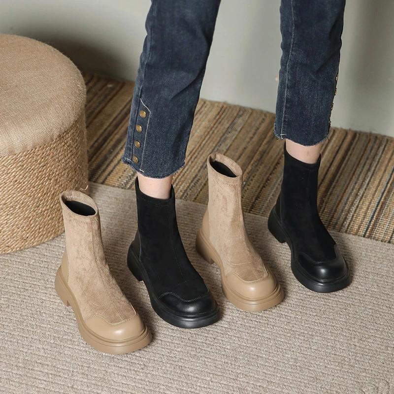 短筒靴女2025秋冬新款平底绒面英伦风马丁靴厚底小码313233瘦瘦靴