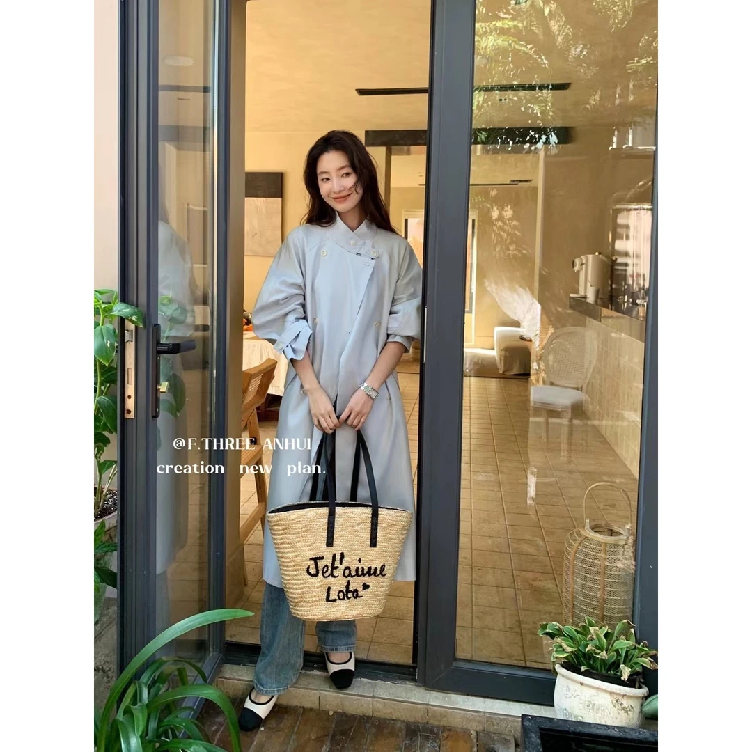 J-18926#三姐妹#韩系通勤百搭双排扣气质收腰长款风衣外套