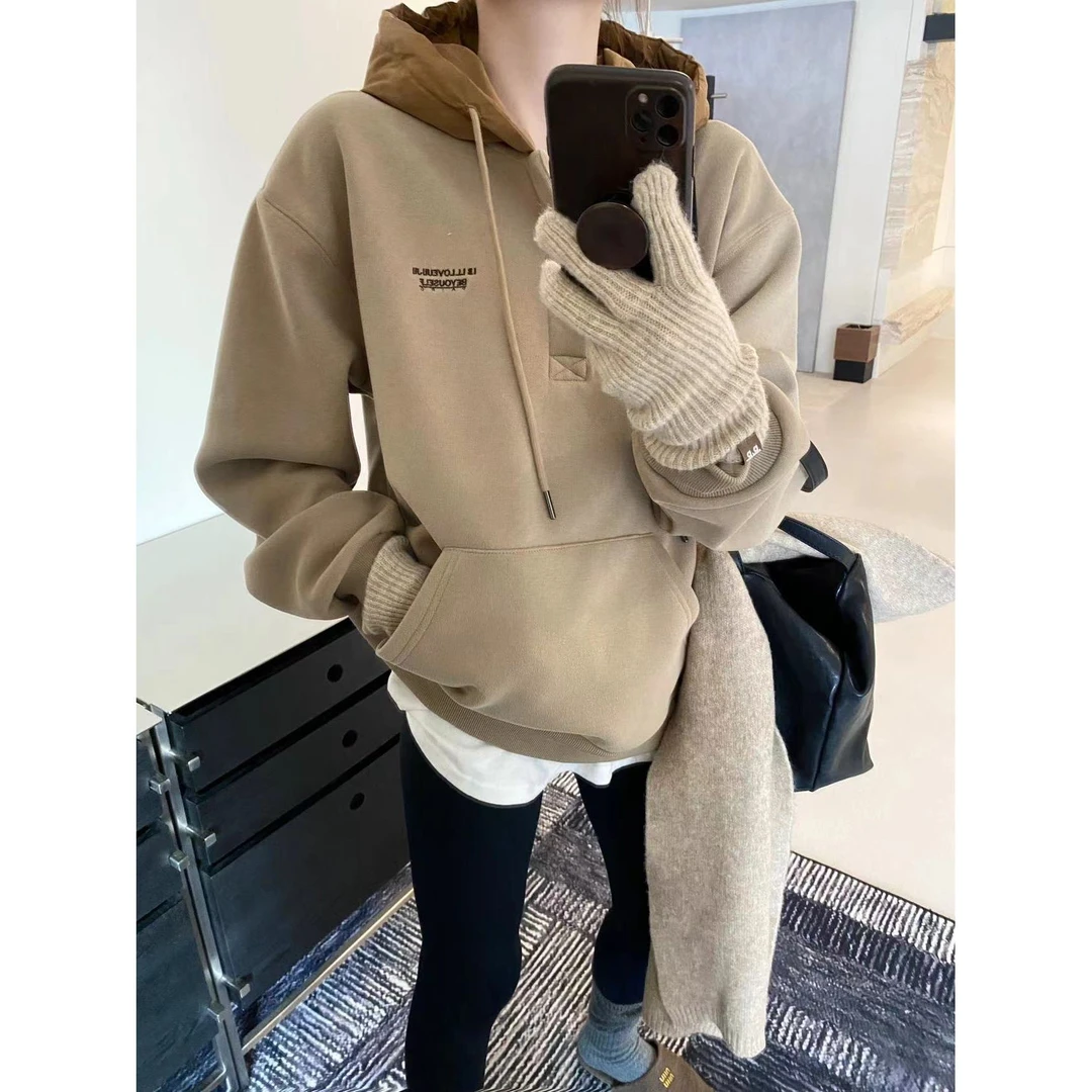 J-7710#喜大东#【加厚绒 】韩系字母刺绣宽松百搭连帽卫衣（福利）