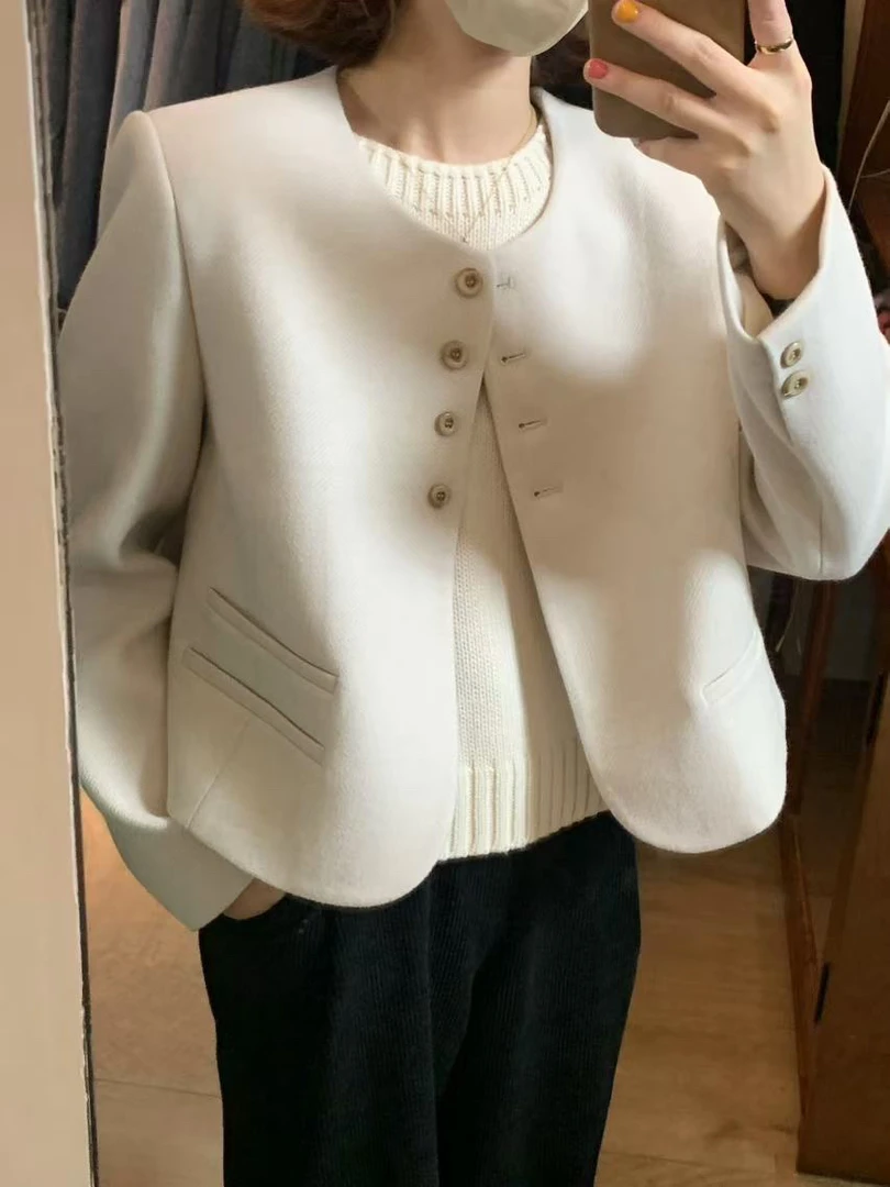 J-26668#韩版宽松时尚百搭“咩咩”小香风毛呢外套