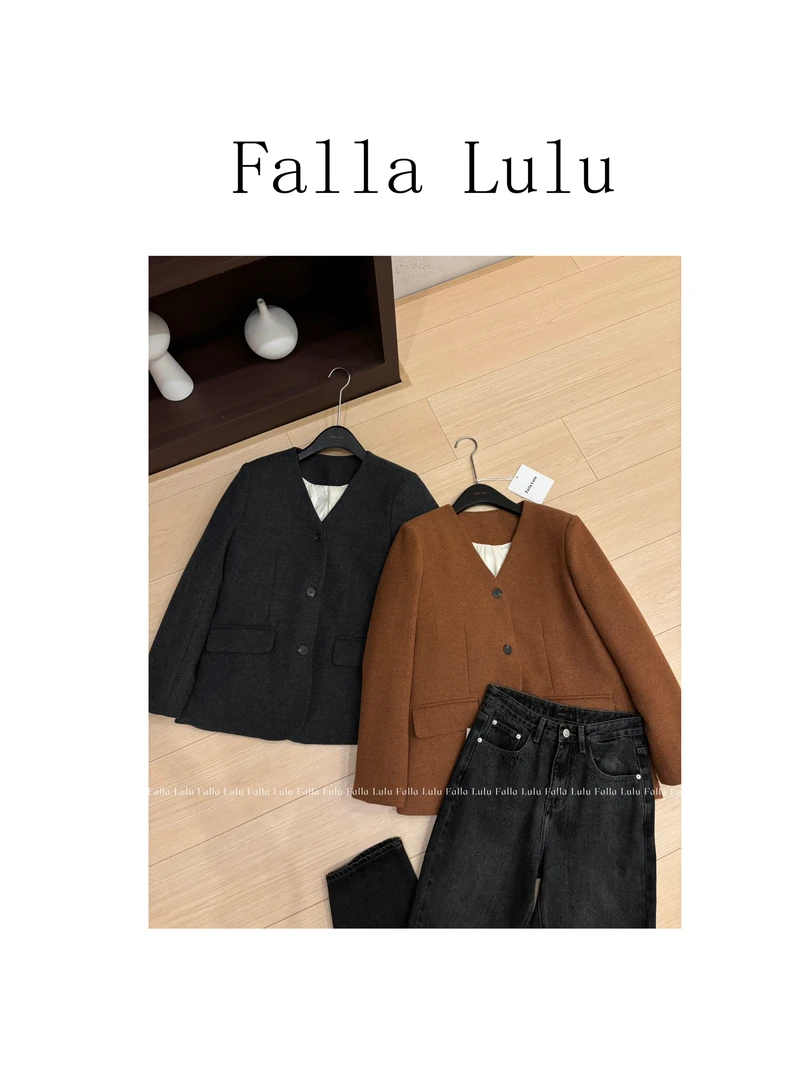 @英子家  加厚保暖V领休闲百搭气质小香毛呢外套  Y4618