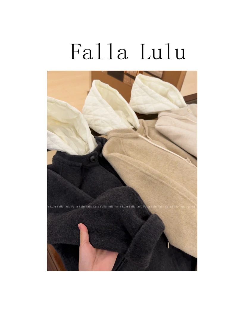 @英子家  出韩单～加厚保暖双面大衣中长款连帽毛呢外套  D4357