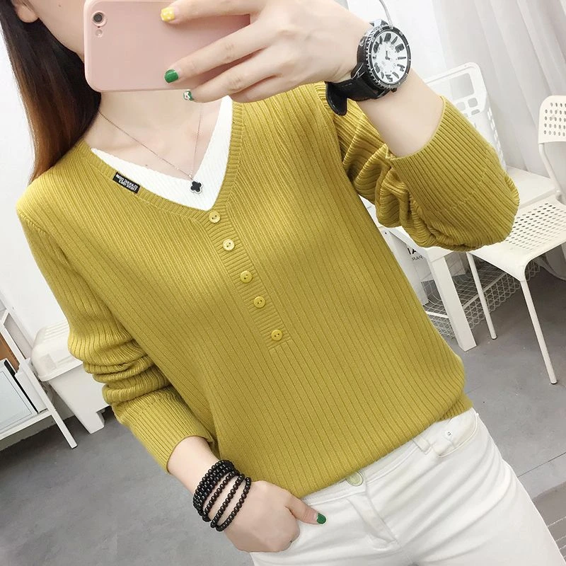 v领毛衣女春秋季针织假两件上衣2023新款宽松长袖短款打底衫内搭