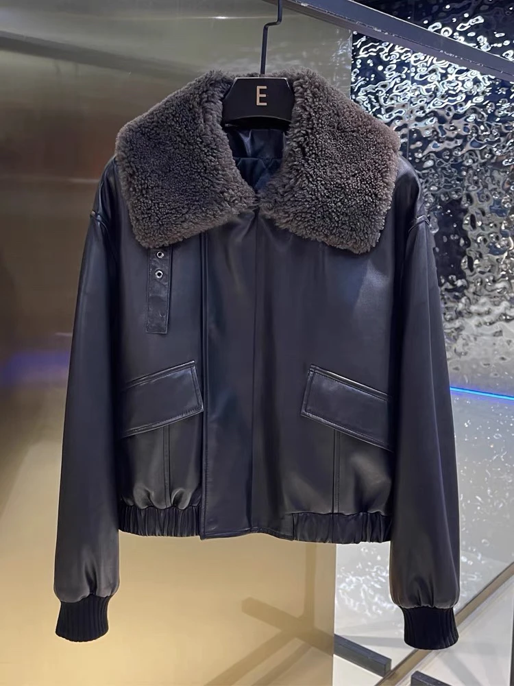 XINYINGJIA2024短款复古夹克羊毛领真皮皮衣外套