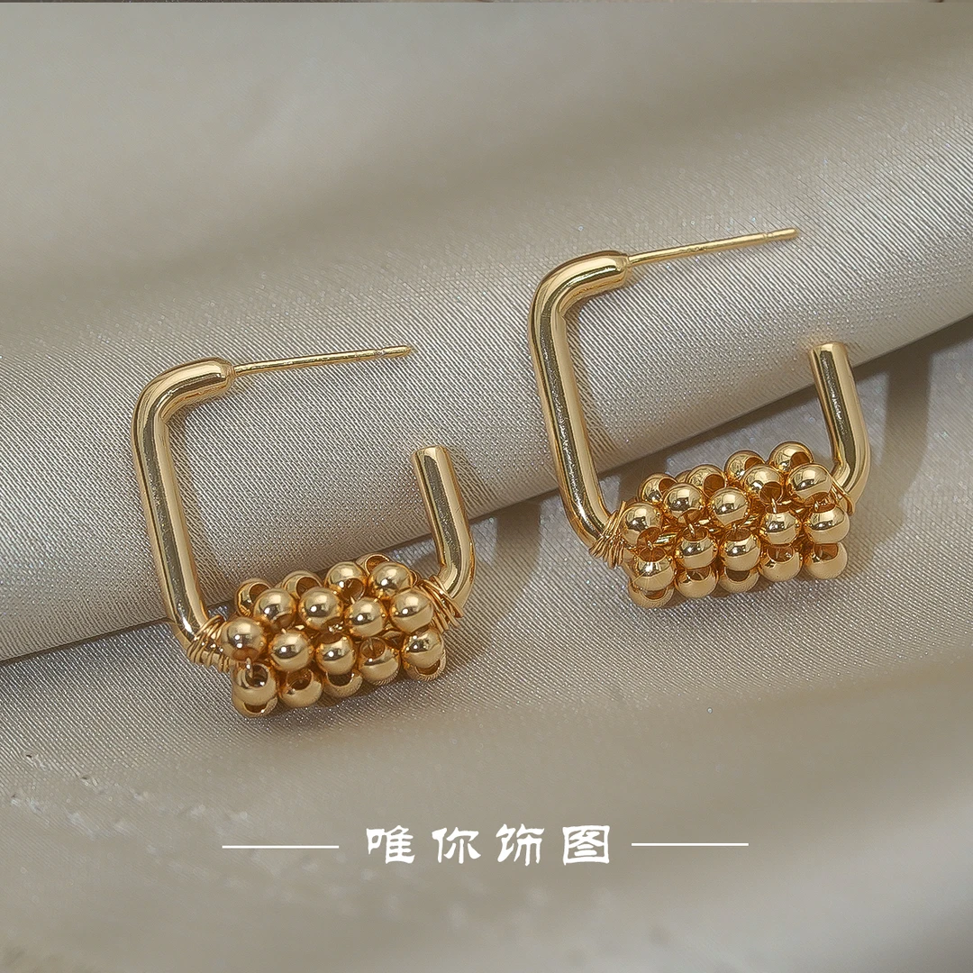 铜合金耳饰 法式方形金属珠珠圆圈气质耳环小众百搭E0199
