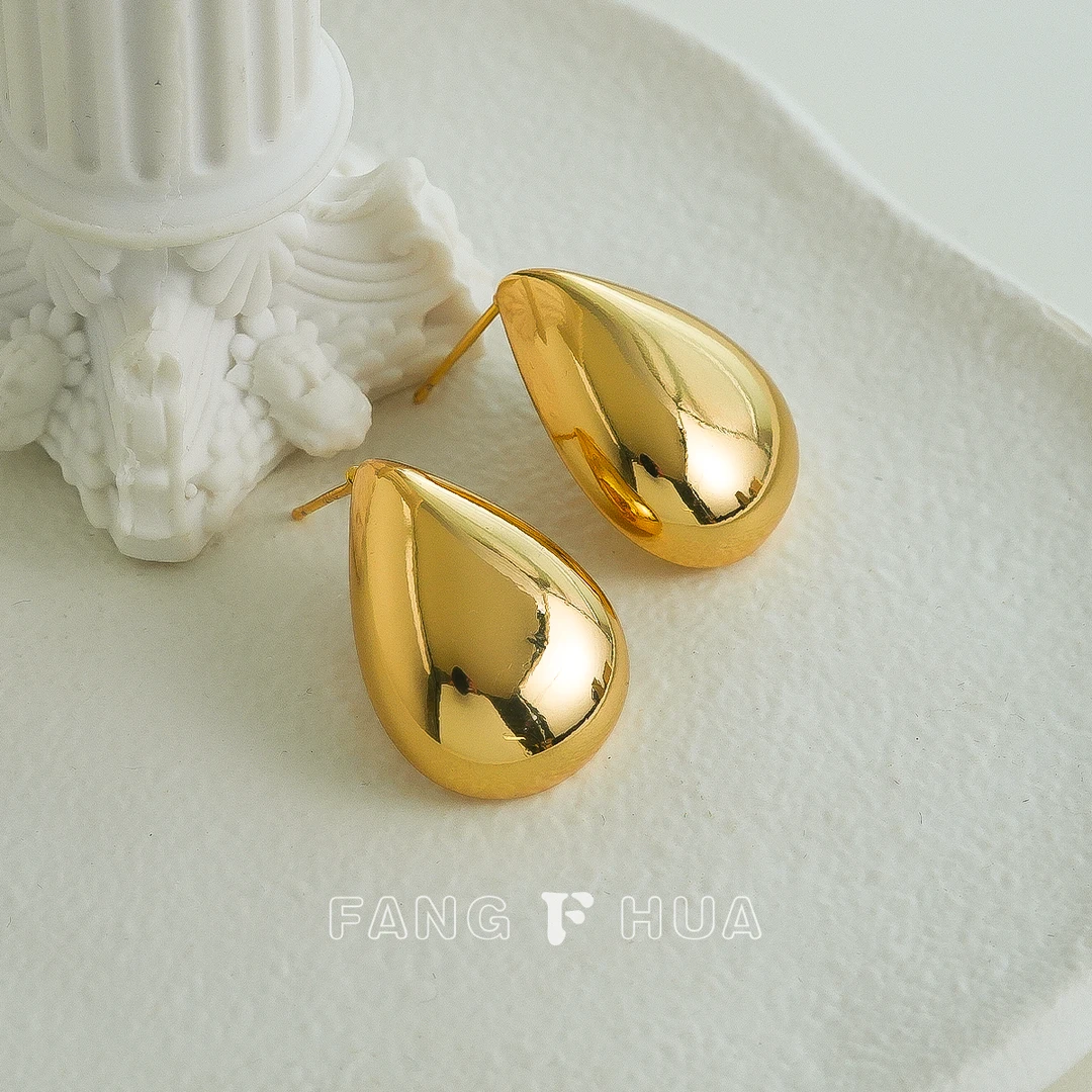 铜合金耳饰 【芳华】金属光面水滴形耳钉法式时尚小众个性E0139