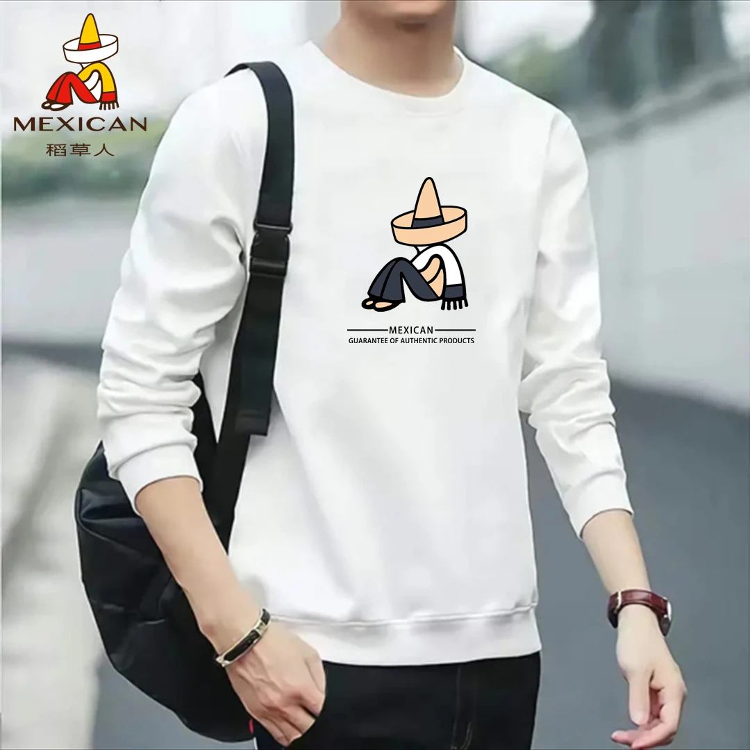 Mexican/稻草人春秋男士宽松圆领套头长袖印花卫衣t恤潮流打底衫