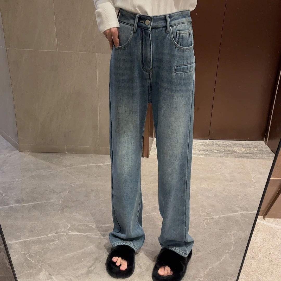 两小吱《嘎嘎显高》柔软舒服到飞起！加绒加厚高腰直筒牛仔裤
