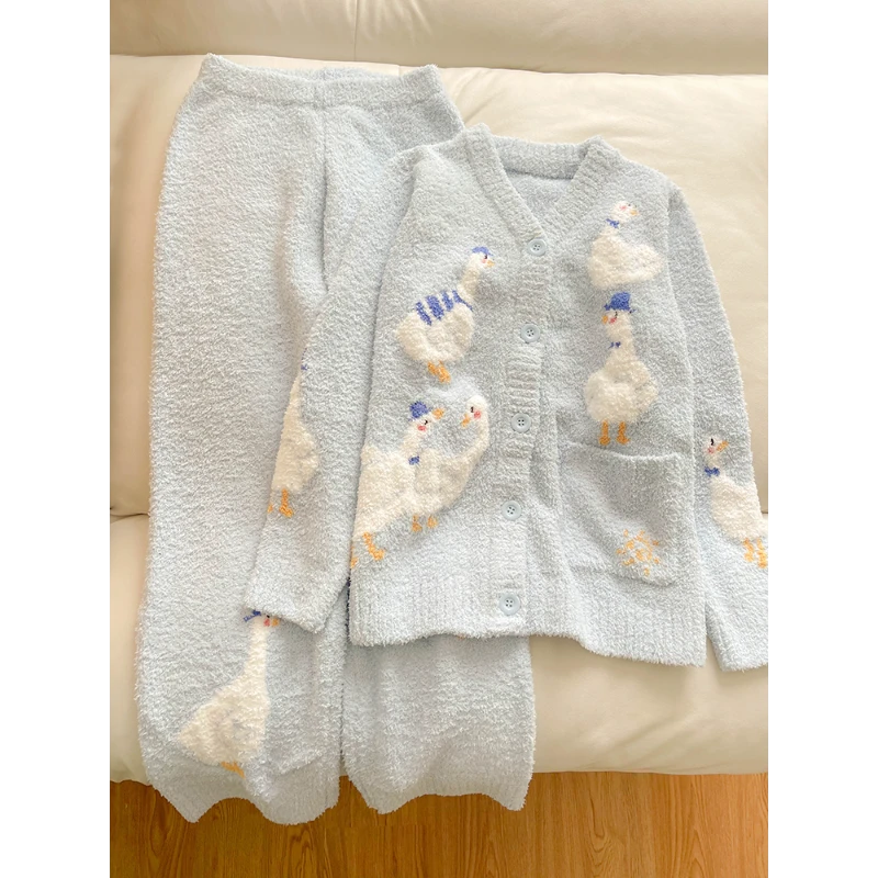 韩版甜系软糯半边绒睡衣女冬季加厚加绒2024新款保暖家居服套装冬