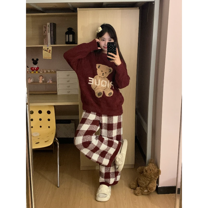 潮流可爱小熊印花半边绒睡衣女冬季新款加绒加厚毛绒针织睡衣套装