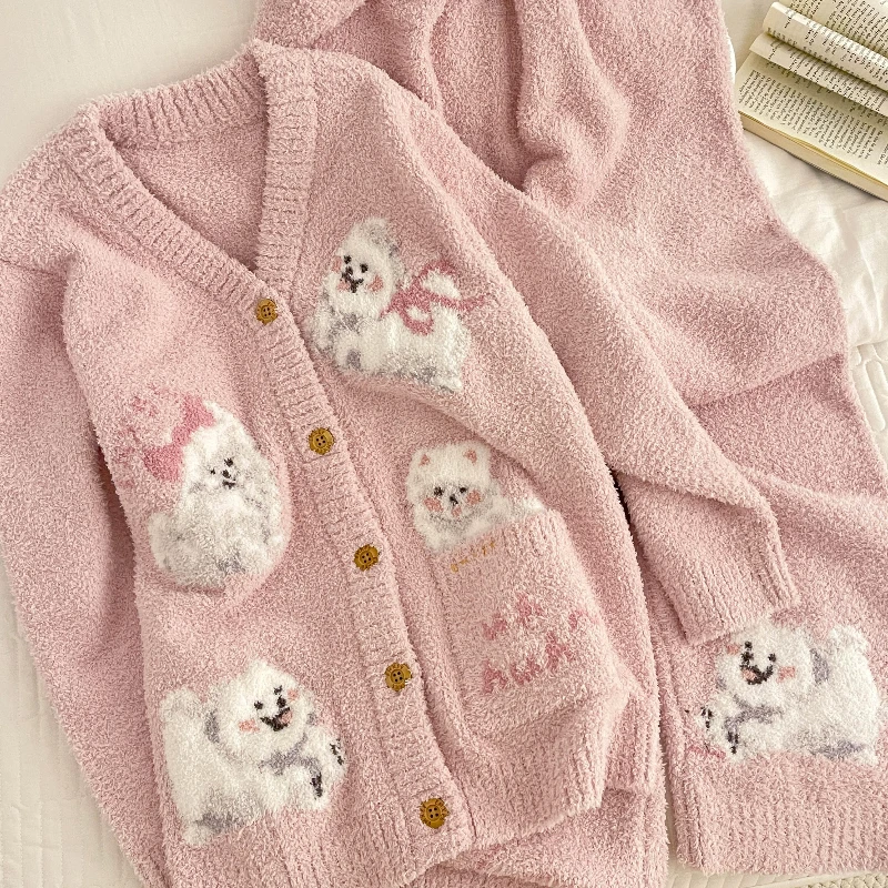 甜美卡通小狗针织开衫睡衣女冬款半边绒加厚加绒保暖家居服两件套