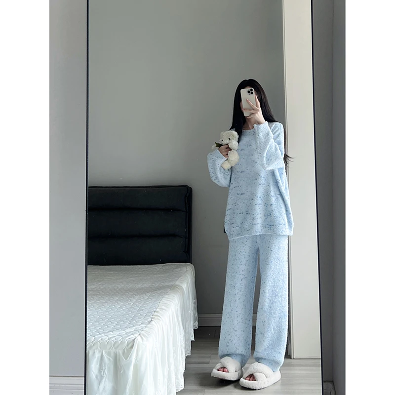 韩系少女纯色半边绒针织睡衣女款冬季加绒加厚毛绒家居服大码套装