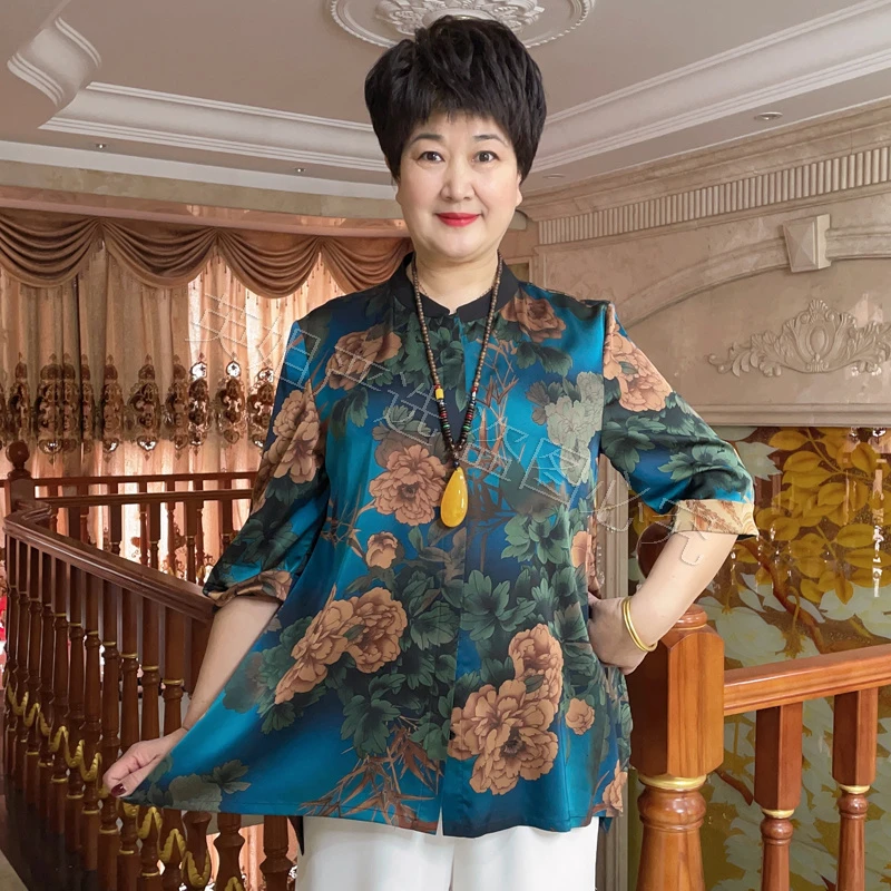 大码妈妈装中国风衬衫中老年女装夏新中式唐装加肥加大洋气上衣
