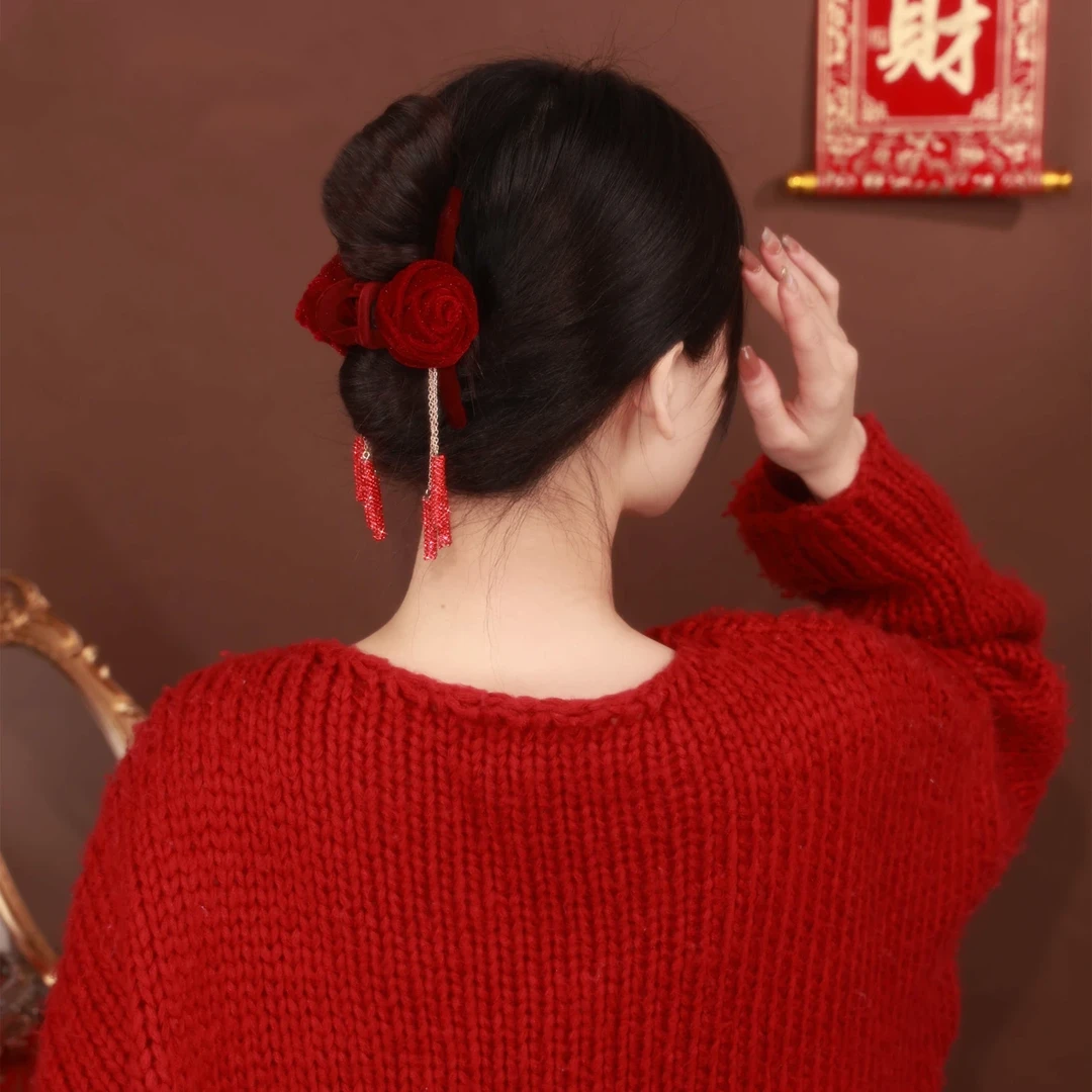 新年发夹浪漫古风红色发抓国风气质抓夹本命年鲨鱼夹子民族风发饰