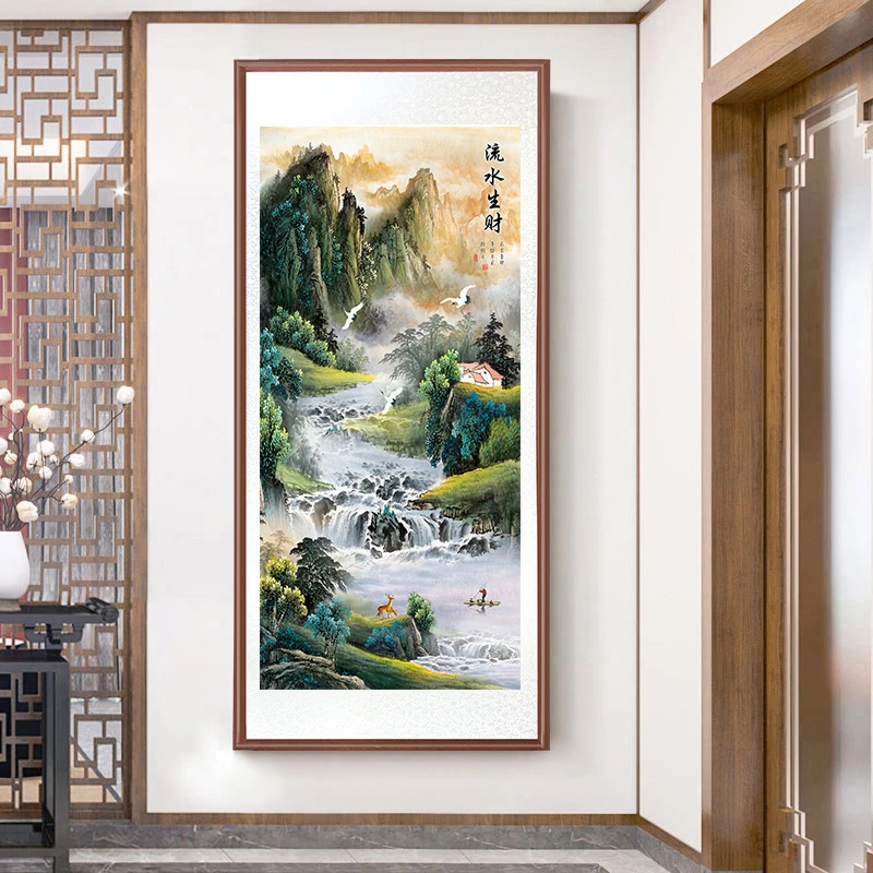 带框装裱 艺术微喷 竖版绿色《 流水生财 》中式国画装饰画山水花鸟