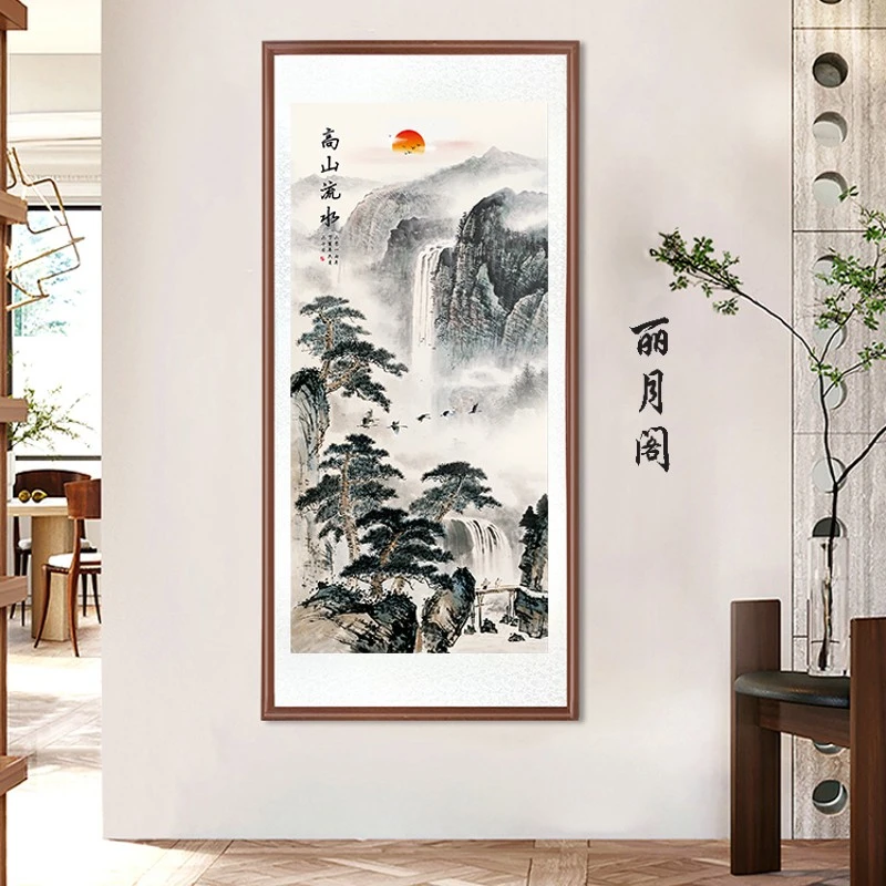带框装裱 艺术微喷  竖版《 高山流水 》中式国画装饰画山水花鸟
