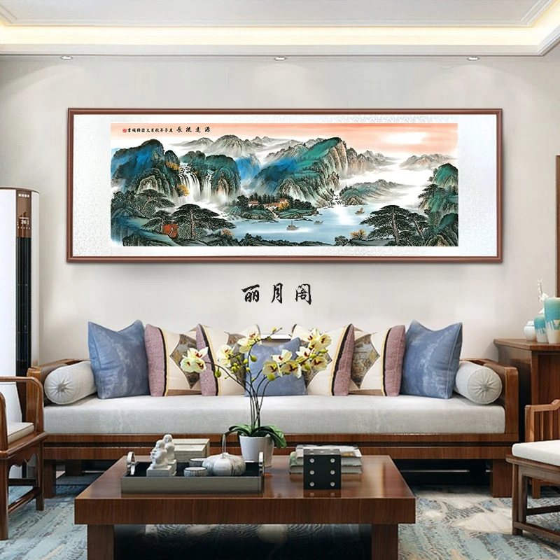 带框装裱 艺术微喷《源远流长》蓝绿款 中式国画装饰画山水花鸟画