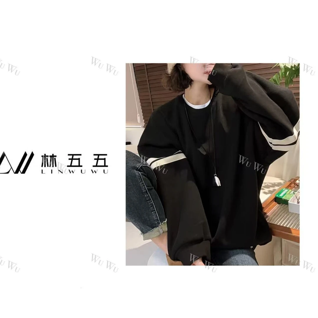 【五五定制】2024新款—秋冬街头时尚圆领宽松拼色袖杠加绒卫衣长袖