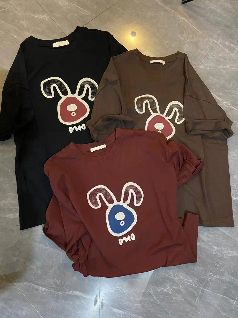 【五五定制】早秋时尚潮流百搭休闲宽松中长款卡通字母T恤