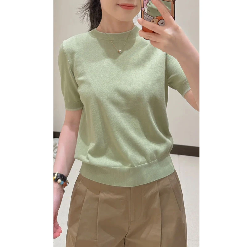 原单非市面货！桑蚕丝棉柳青色针织短袖 C283