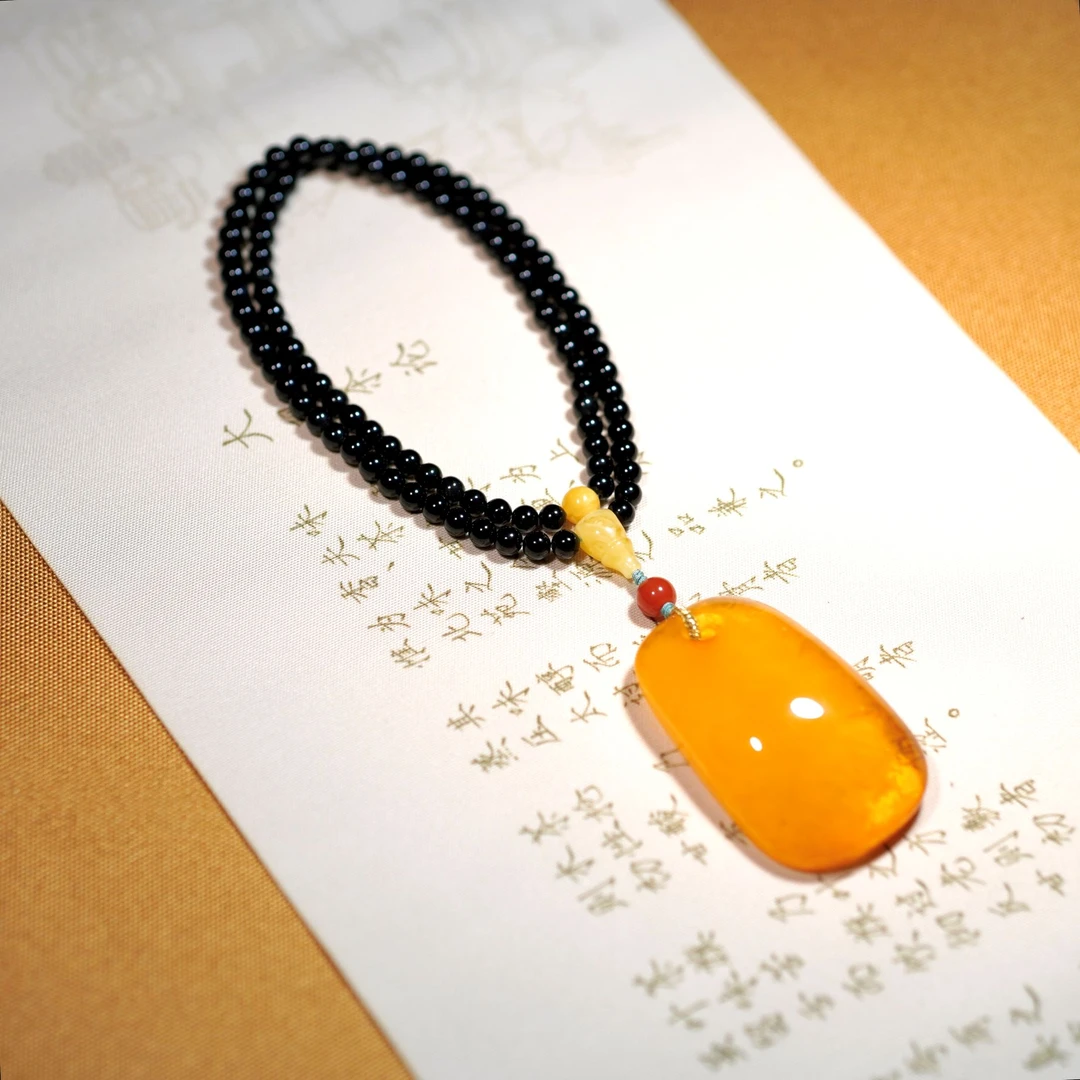 金绞蜜 蜜蜡无事牌 黑曜石108手持手串项链吊坠