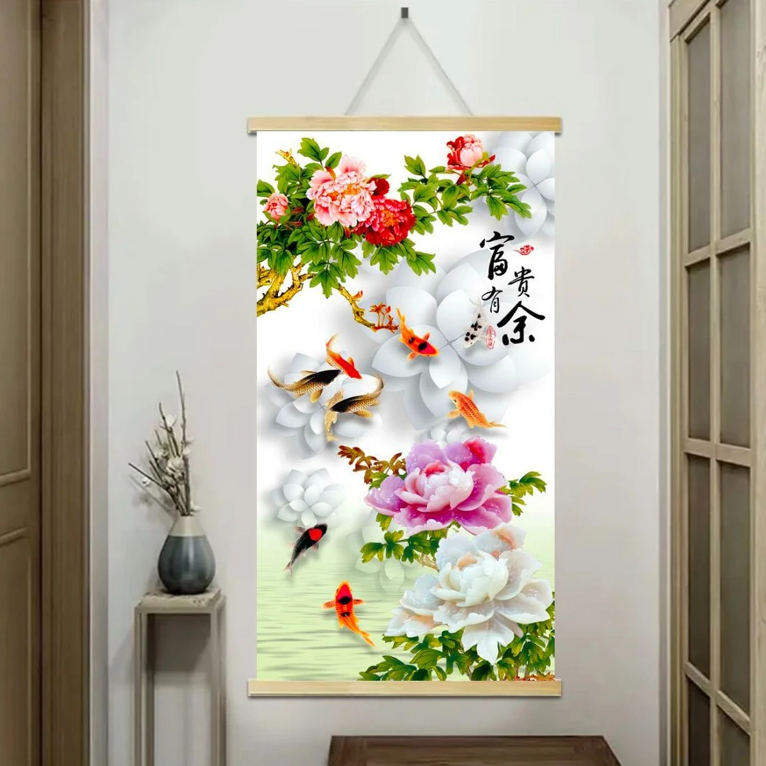 新中式牡丹客厅装饰品沙发背景墙家居饰品玄关装饰画挂画卷轴挂画