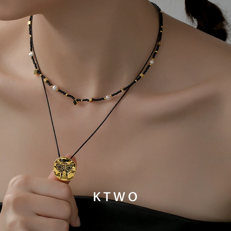 铜合金仿珍珠项链  欧式春夏新款黑米珠珍珠锁骨颈链女小众高级感