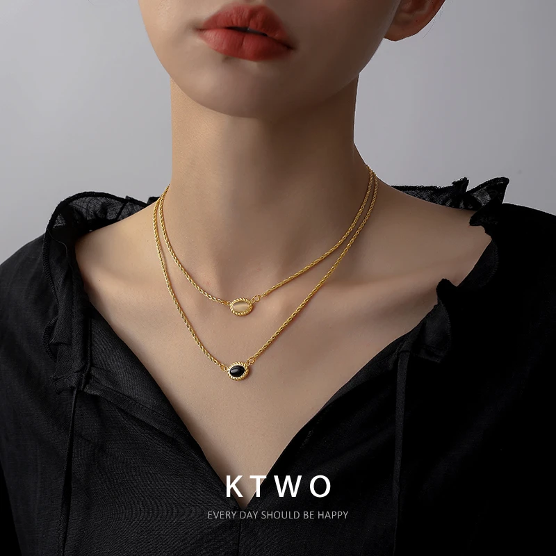 钛钢项链  欧式复古高档双色石麻花链锁骨链女款时尚双层叠戴设计