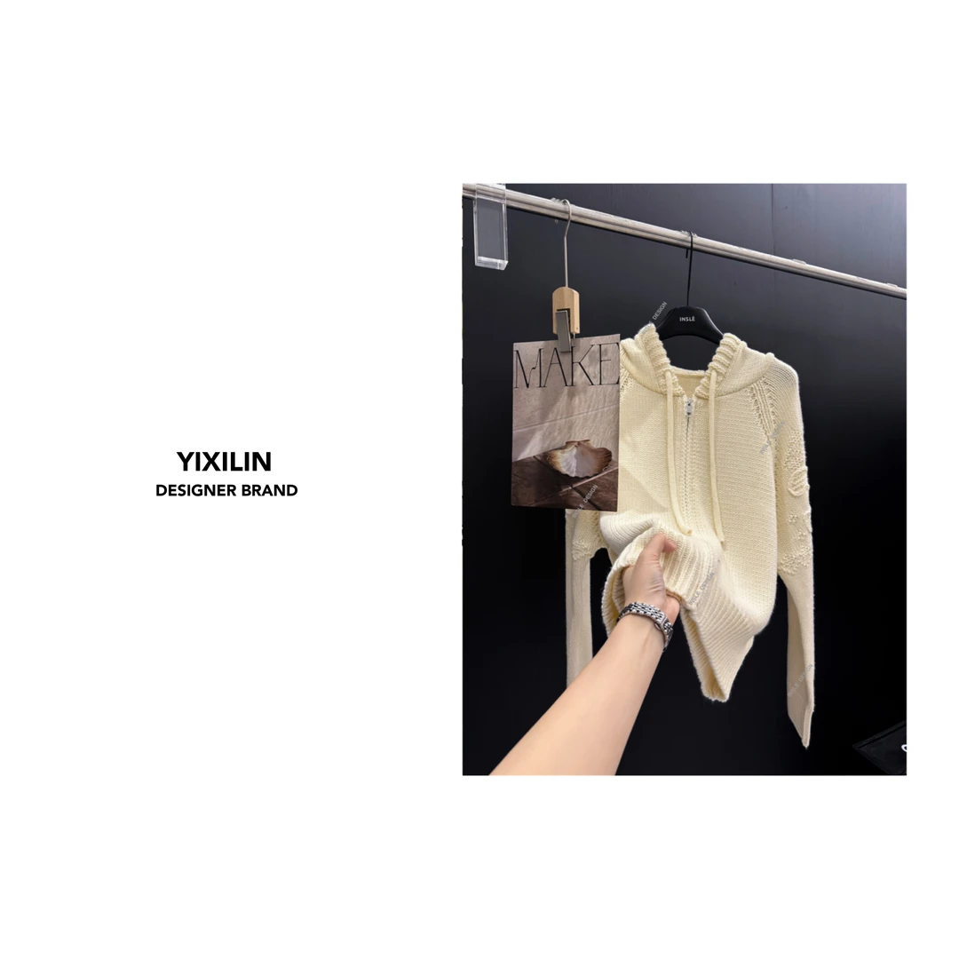 YIXILIN 超细澳毛粗针混纺柔软钩花宽松连帽开衫外套