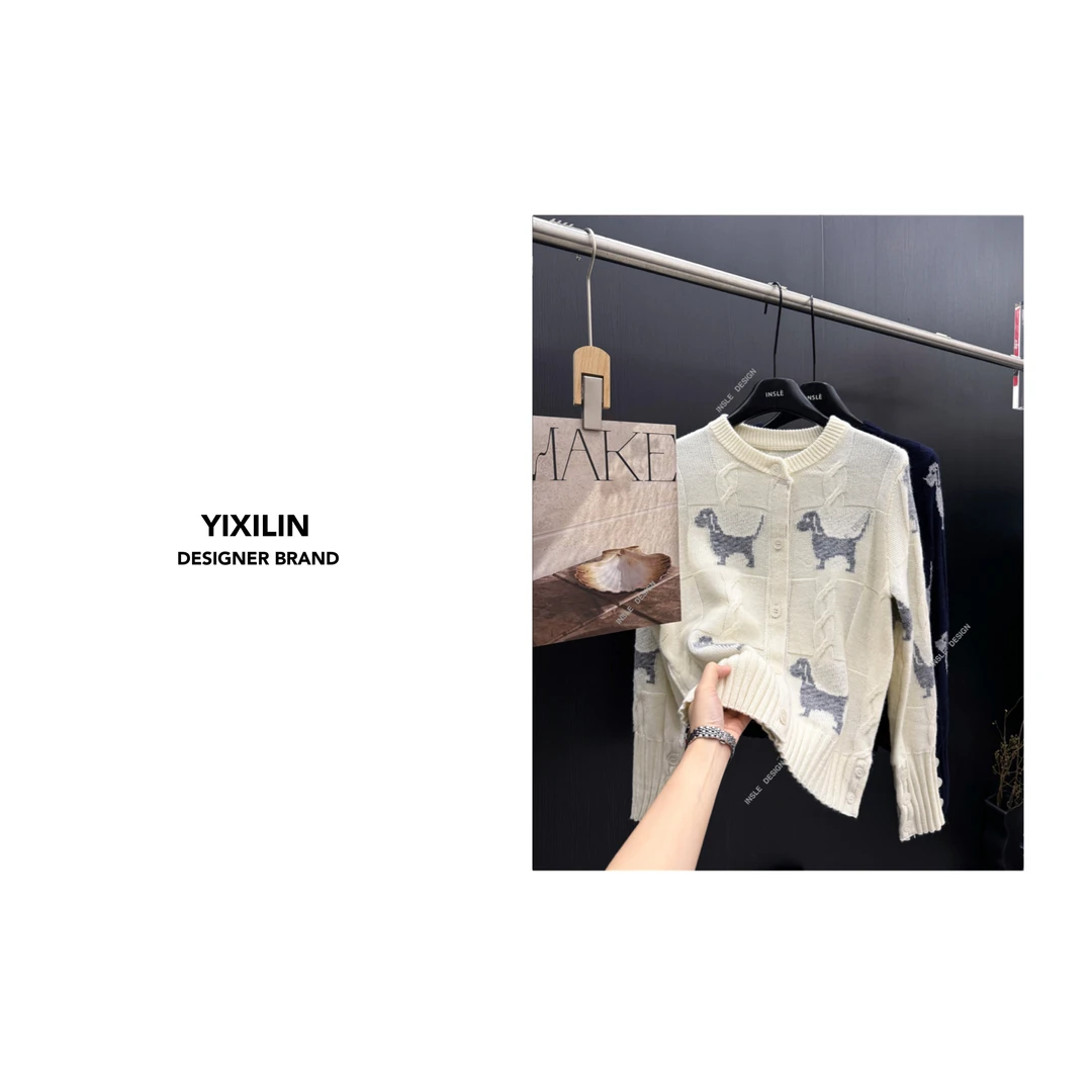 YIXILIN 圆领小狗提花系列针织开衫显瘦毛衣