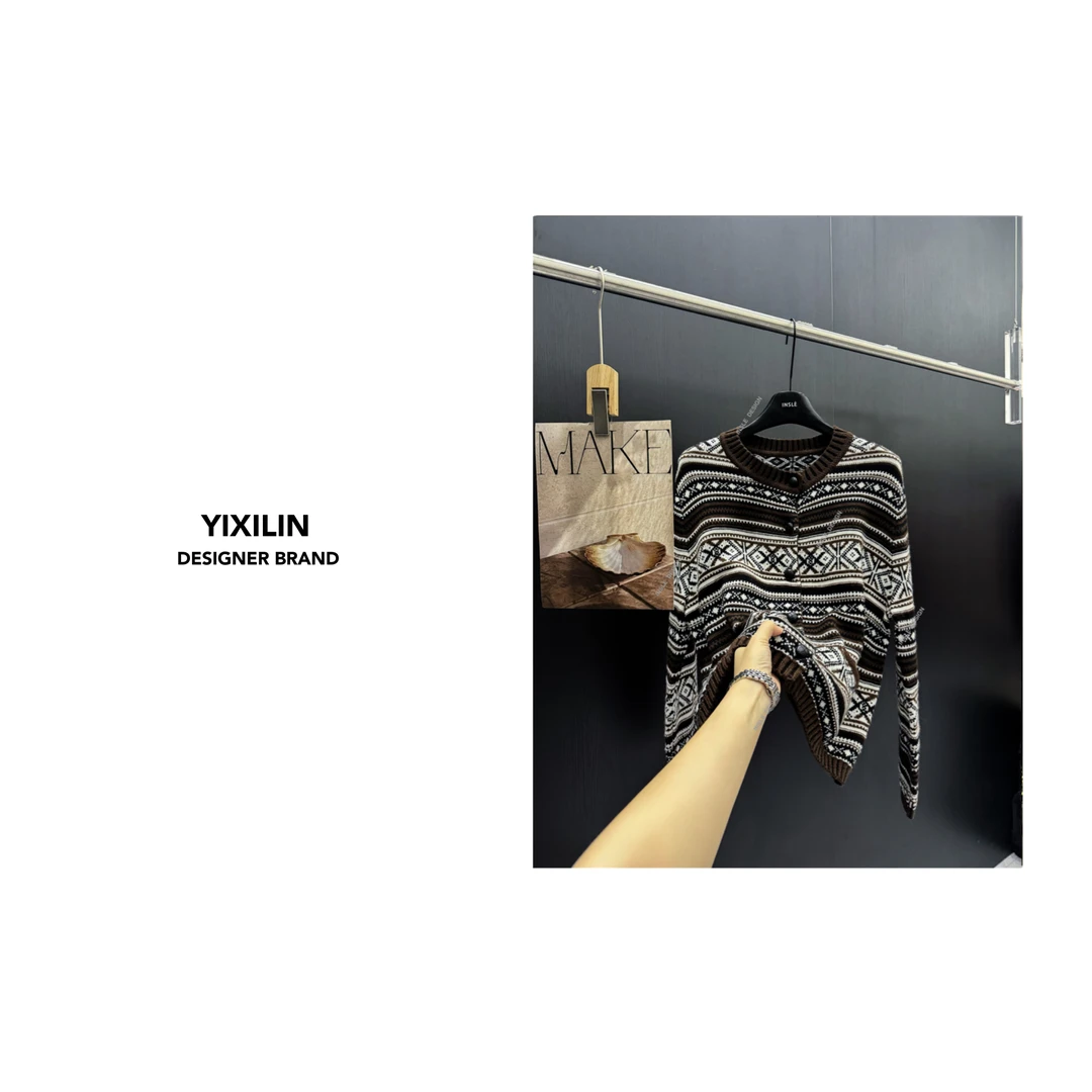 YIXILIN 100%绵羊毛费尔岛风撞色开衫圆领针织毛衫秋冬厚实