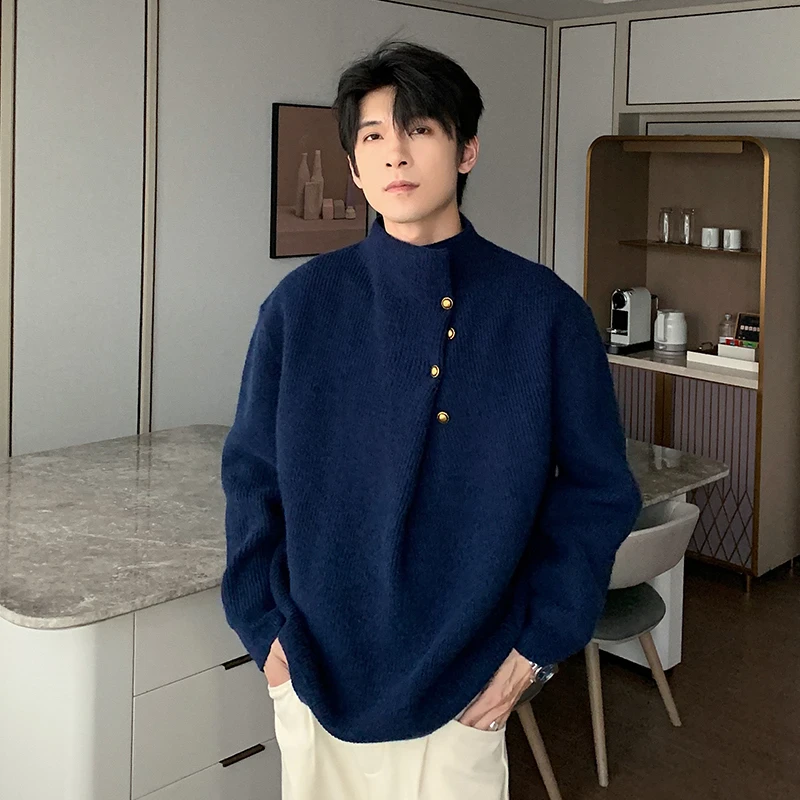 半高领男秋冬慵懒风纽扣宽松复古上衣套头情侣毛衣cleanfit针织衫
