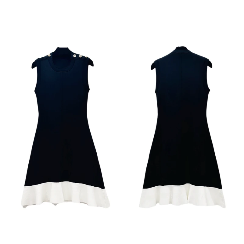 3516 女款显瘦气质针织黑白撞色连衣裙百搭小黑裙拼接时尚休闲