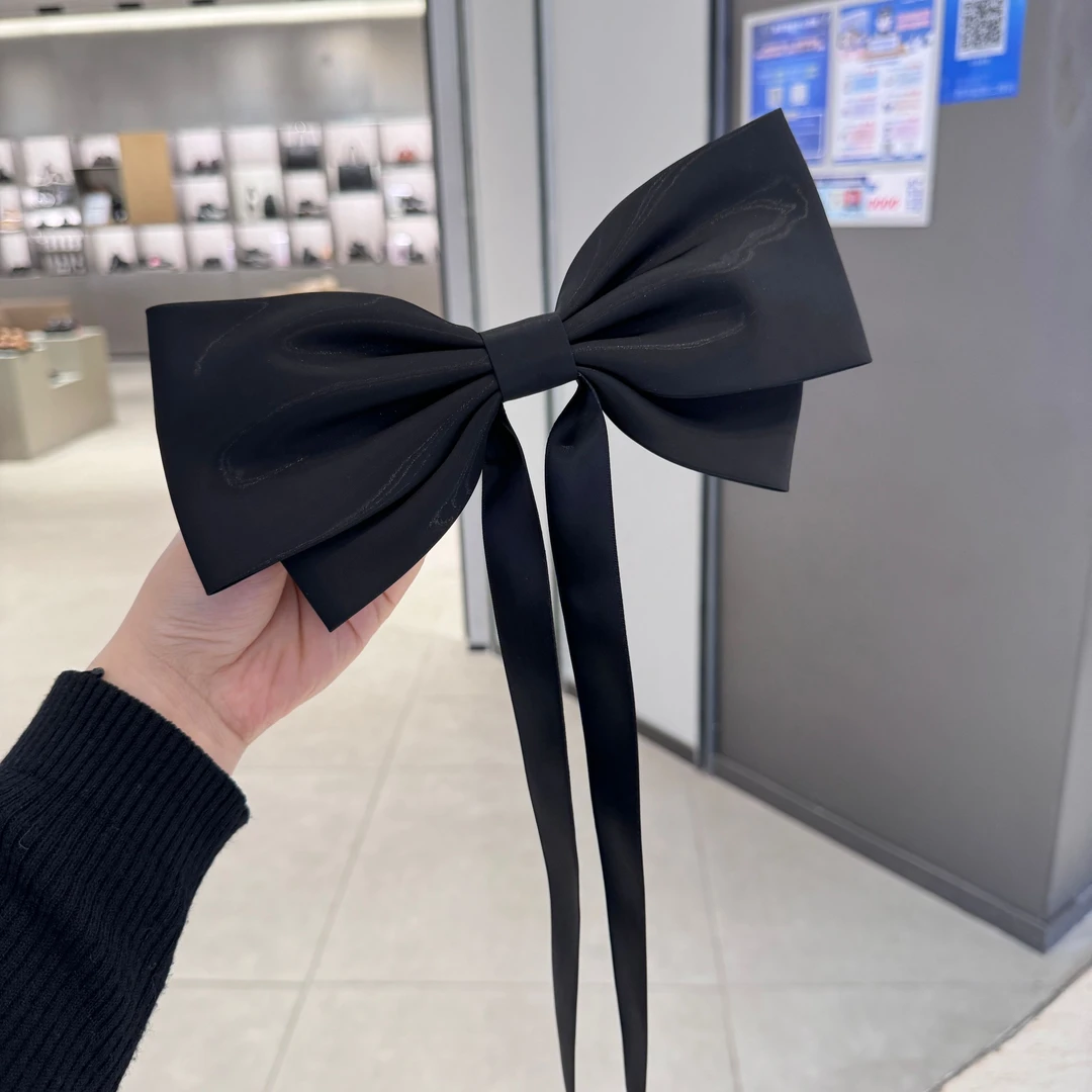 重工绸缎黑色加大号后脑勺蝴蝶结头饰网红同款长飘带发夹简约发饰