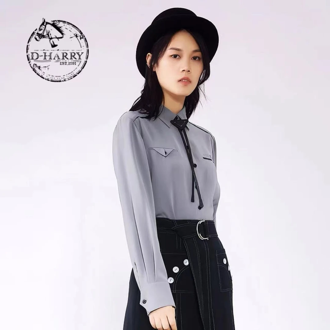 D-HARRY/迪哈利长袖上衣春女舒适帅气灰色撞色衬衫DH211D92553D