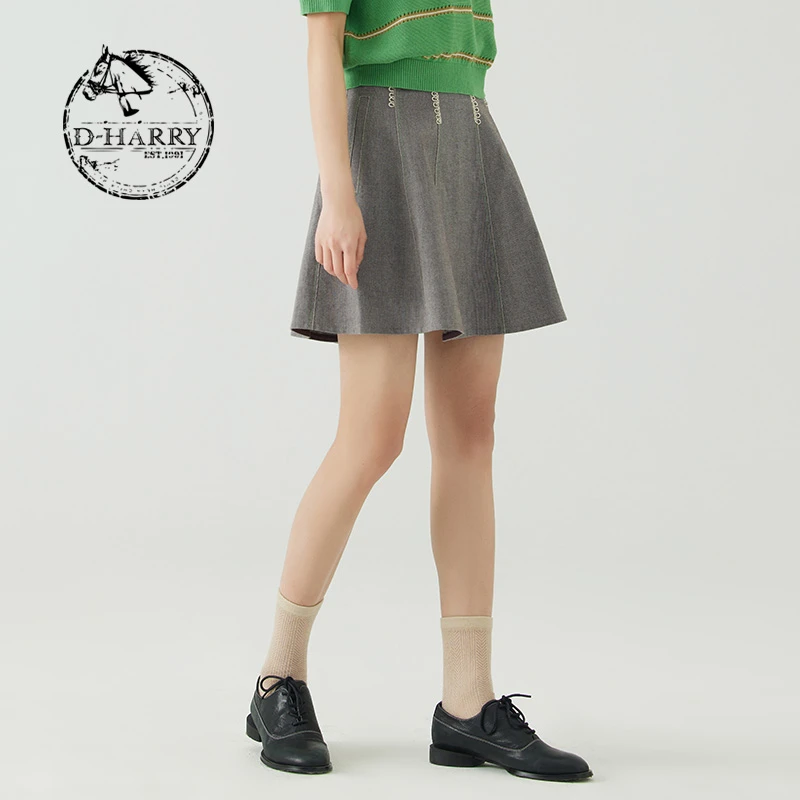 D-HARRY/迪哈利气质夏季新款复古通勤花边灰咖色短裙DH232M96061D