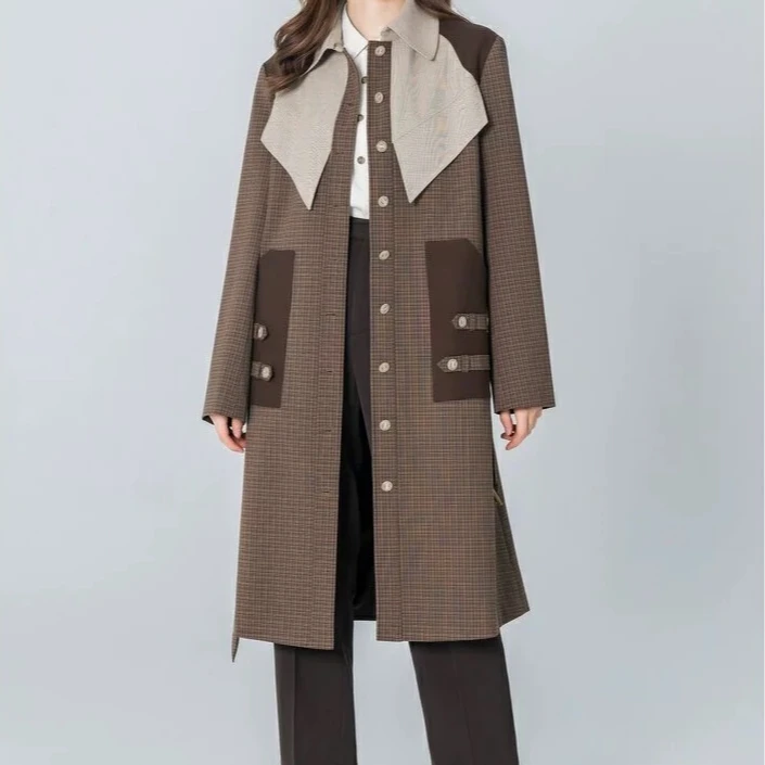 D-HARRY/迪哈利气质不对称格纹色中长款显瘦风衣大衣DH223A95517D