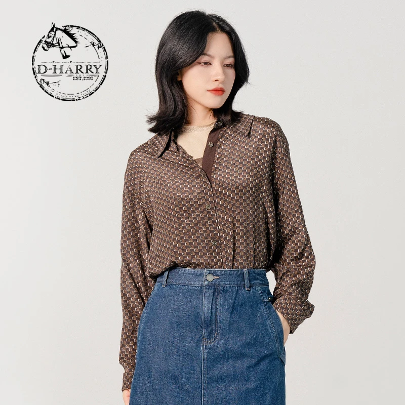 D-HARRY/迪哈利2023复古格纹宽松衬衣通勤时尚满印DH231D95979D