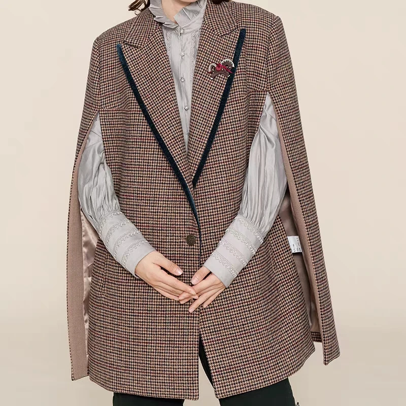 D-HARRY/迪哈利英伦复古千鸟格披风式西装外套女西服DH224A95785D