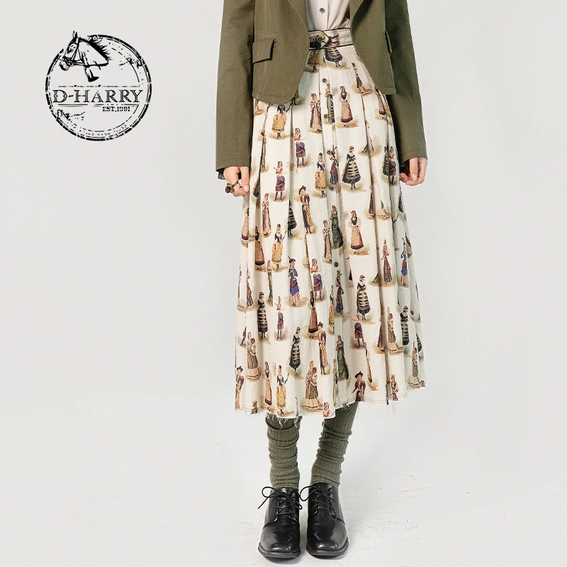 D-HARRY/迪哈利2023春气质复古印花小马头高腰半身裙DH231M95916D