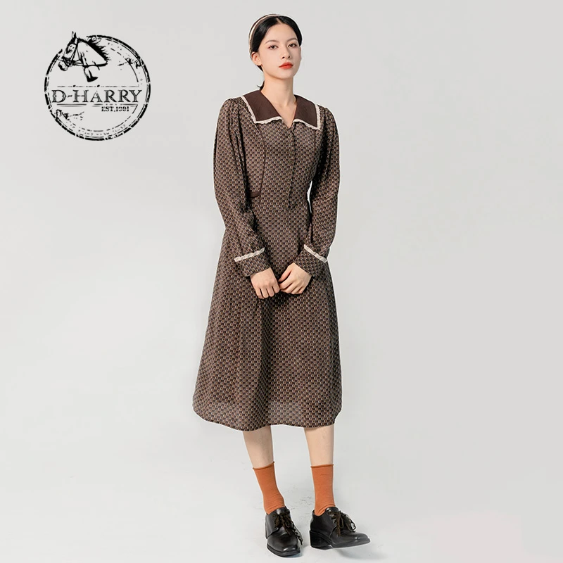 D-HARRY/迪哈利复古英伦风花纹时尚长袖娃娃领连衣裙DH231J95981D