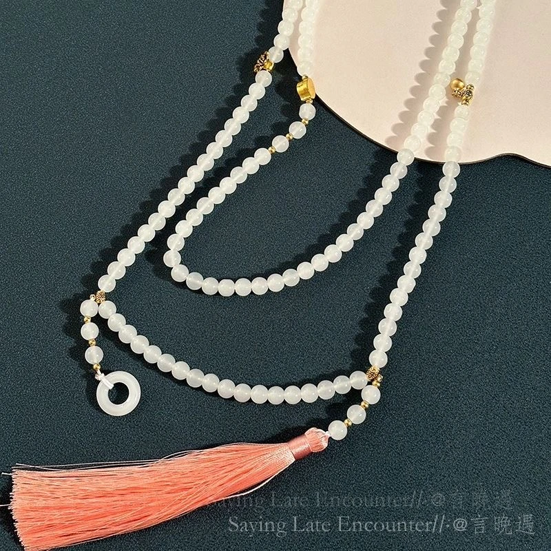 合金玻璃项链 国风串珠流苏项链新中式高级感长款斜挎链配饰品