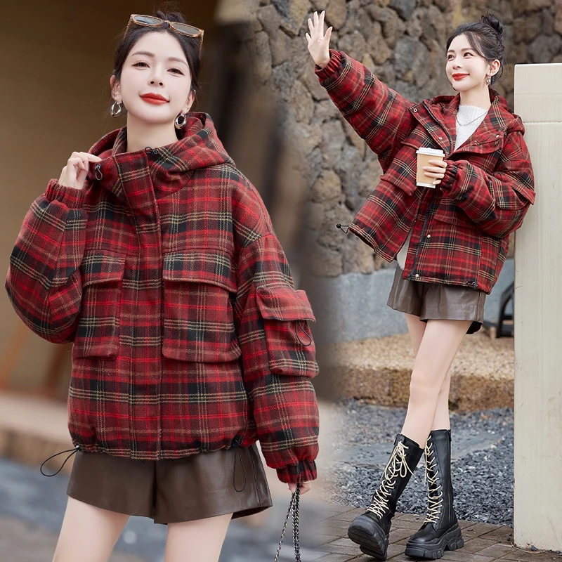 秋冬季连帽格子毛呢复古棉衣羽绒服女短款时尚白鸭绒休闲保暖外套