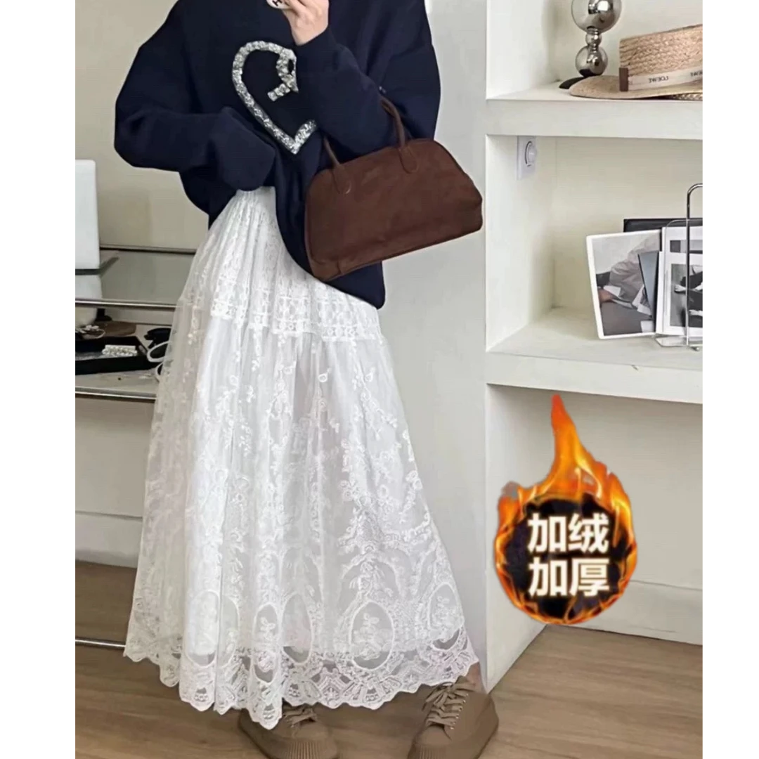 【加绒厚款】秋冬新款蕾丝慵懒风设计感垂顺中长款半身裙韩系裙子女