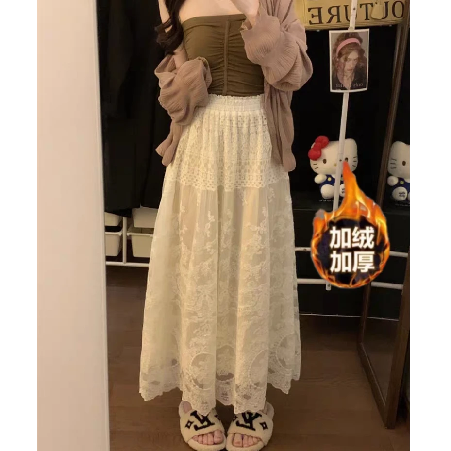 【加绒厚款】白色蕾丝简约高级感中长款大摆a字半身裙秋冬2025新款