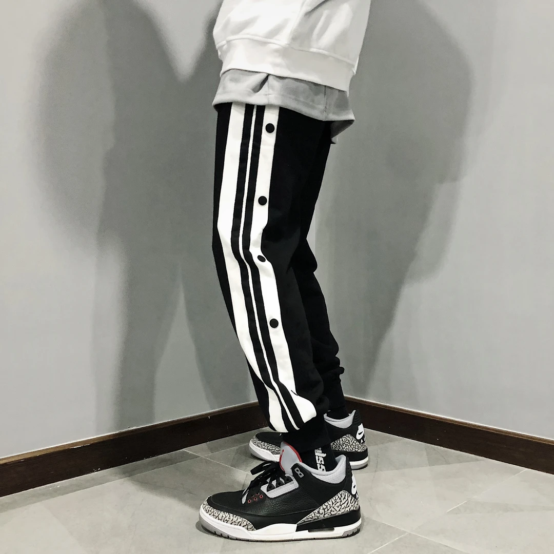 EruptionLab侧边黑白拼色侧条织带纽扣男女全棉休闲束脚裤
