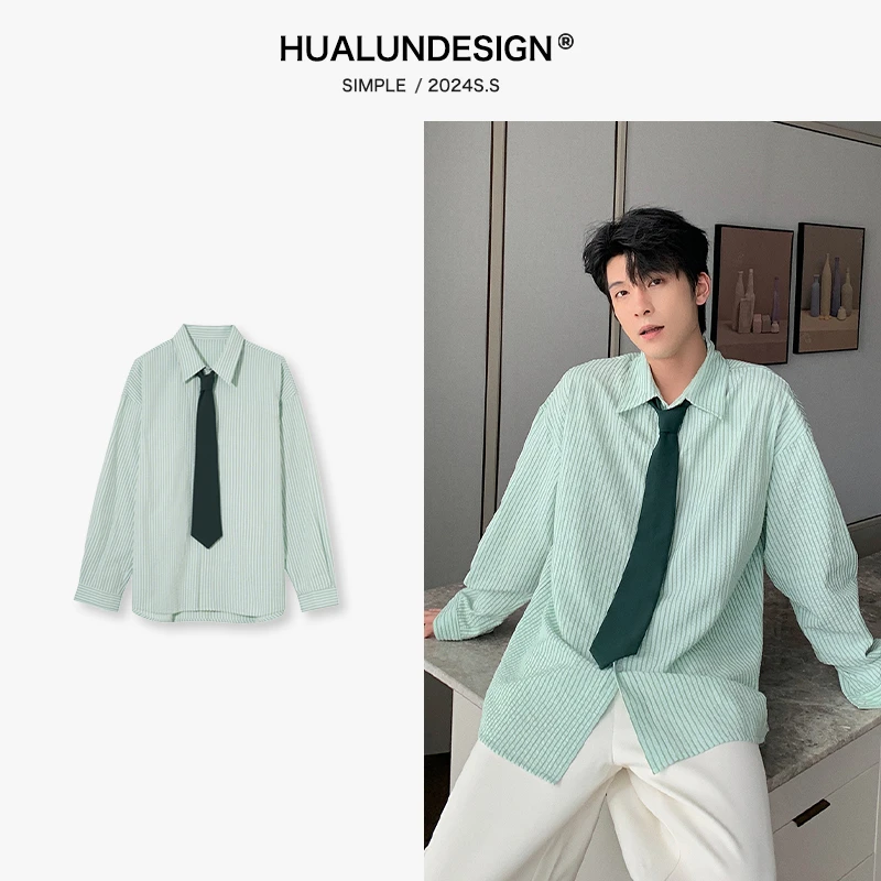 一轩轩轩【留兰冰咖】春秋新款宽松老钱风条纹男长袖休闲衬衫24846