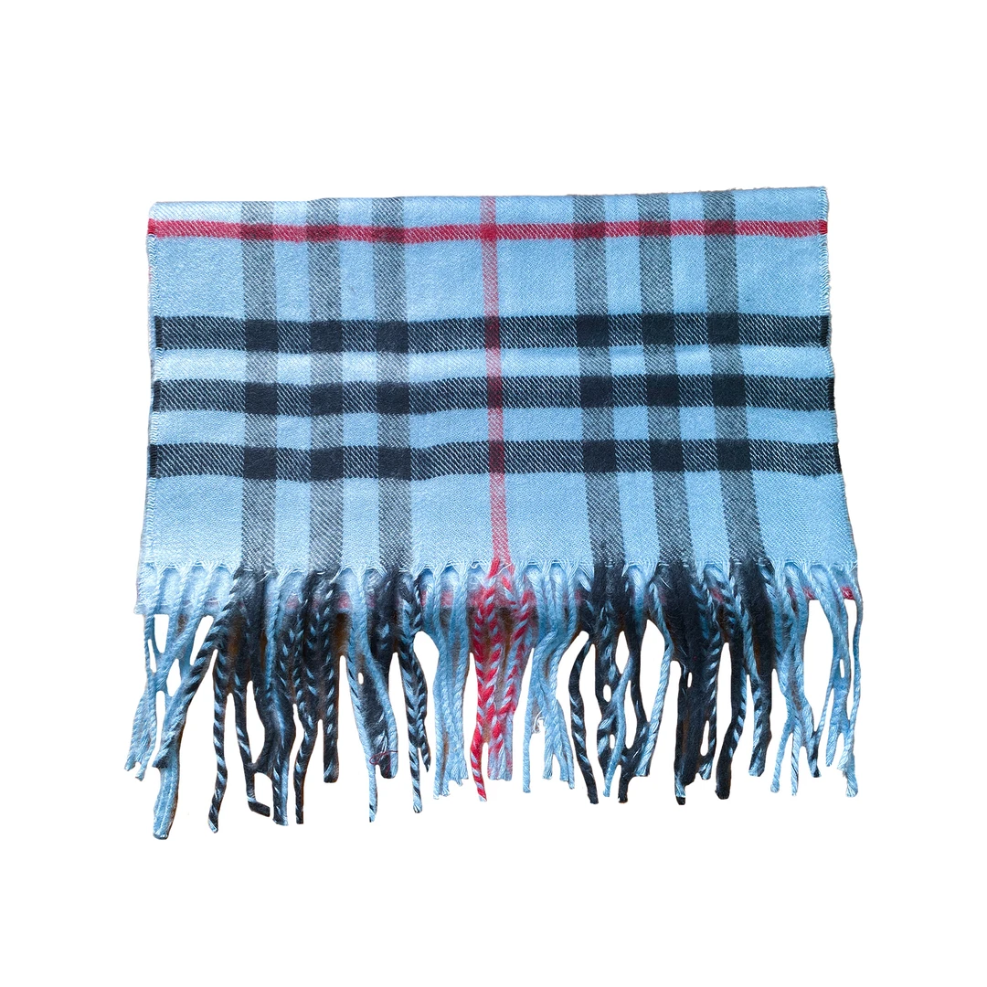 9431#浅蓝小方格围巾格纹拼色经典流苏保暖围脖加厚长方形