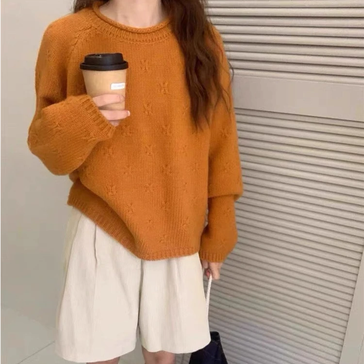 阿欣家~南瓜蝴蝶提花绵羊毛藏羊绒圆领针织衫毛衣女Z00765